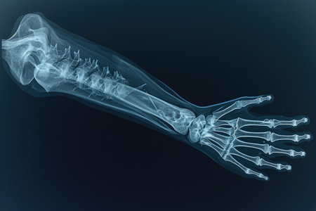 This x-ray image displays the intricate network of bones and joints within a human hand, An x-ray image of a stitched wound, AI Generatedの素材
