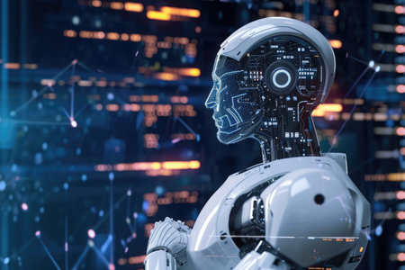 A metallic robot is seen standing in front of tall buildings in the city, Artificial Intelligence battling rogue codes, AI Generatedの素材