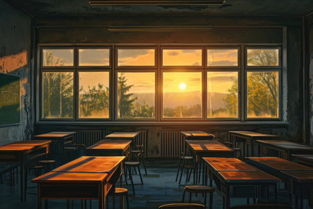 A painting of a vibrant sunset casting warm colors on the walls of a classroom, creating an inviting atmosphere, Artistic interpretation of an empty classroom during sunset, AI Generatedの素材