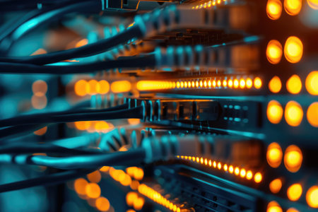 A detailed view of a server featuring numerous vibrant yellow lights, Artistic representation of a network switch in a sparse design, AI Generatedの素材