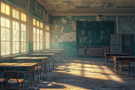 An unoccupied classroom with neatly arranged desks and a chalkboard at the front of the room, Artistic rendering of a lonely, abandoned classroom, AI Generatedの素材
