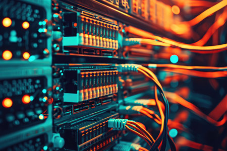 A close up view of a server in a server room with blinking lights and cables, Artistic representation of a network switch in a sparse design, AI Generatedの素材