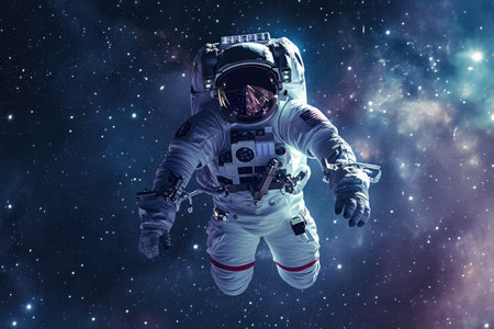 An astronaut floats weightlessly in the vast expanse of space, surrounded by twinkling stars, Astronaut floating serenely amongst twinkling stars in a reflective spacesuit, AI Generatedの素材