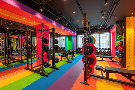 A busy gym filled with brightly colored exercise equipment arranged neatly in rows, A vibrant gym with multi-colored equipment, AI Generatedの素材