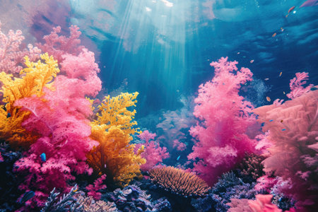 Colorful Underwater Scene of Corals and Seaweed, A vibrant underwater coral reef brimming with a riot of color, AI Generatedの素材
