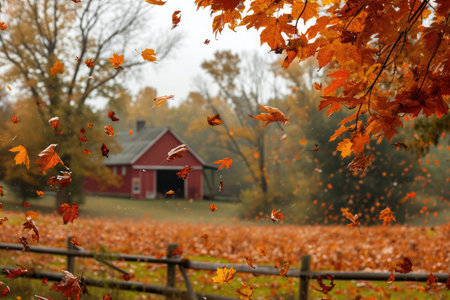 A Red Barn Surrounded by Vibrant Fall Leaves, Autumn leaves gently falling in the background of a farm on Thanksgiving day, AI Generatedの素材