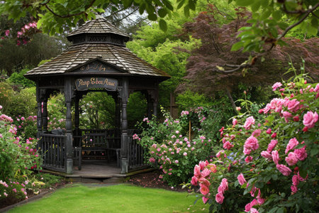 A gazebo in a garden, adorned with pink flowers, stands as the focal point of this photo, A vintage gazebo set in a victorian-style garden surrounded by blooming roses, AI Generatedの素材