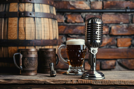 A microphone and a glass of beer are placed on a wooden table, A vintage microphone flanked by beer mugs and barrels for a brewing enthusiasts' podcast, AI Generatedの素材