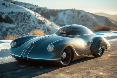 A red car is parked in the snow on a quiet residential street with houses and trees in the background, A vintage car design that's been upgraded to an electric vehicle, AI Generatedの素材