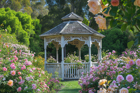 A white gazebo sits amidst a vibrant display of pink and white flowers, creating a picturesque scene, A vintage gazebo set in a victorian-style garden surrounded by blooming roses, AI Generatedの素材