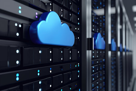 Multiple servers lined up in a well-organized manner on racks inside a modern data center, A visual interpretation of secure cloud storage, AI Generatedの素材