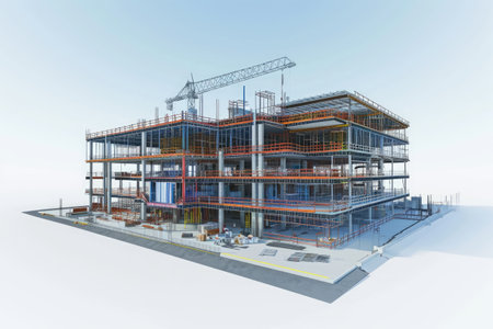 A photograph of a massive building featuring a prominent crane positioned on its rooftop, A virtual reality model of a building under construction, AI Generatedの素材
