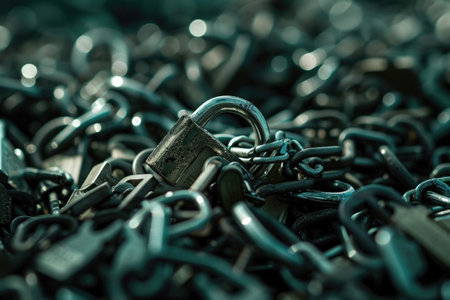 A collection of metallic chains stacked together with a lock securely fastened on the top link, A visual depiction of unbreakable encryption, AI Generatedの素材