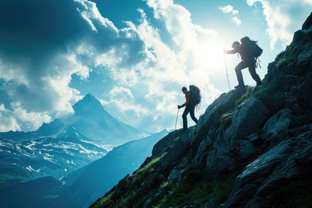 Couple Standing on the Summit of Mount Everest, A visually stunning depiction of a hiker encouraging a friend during a mountain climb, AI Generatedの素材