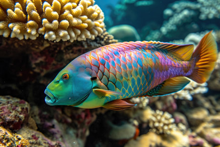 A vibrant and multi-colored fish swims gracefully in the clear water, showcasing its beauty and agility, A vividly coloured Parrotfish sneakily nibbling on some reef, AI Generatedの素材