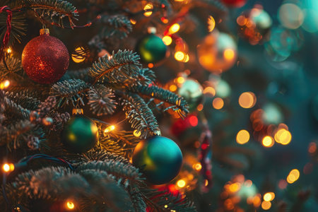 A detailed view of a Christmas tree, showcasing its vibrant lights and festive ambiance, A warmly lit Christmas tree decorated with colorful baubles and tinsel, AI Generatedの素材