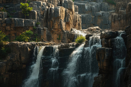 A large waterfall commands attention as a torrent of water cascades down with immense force, A waterfall cascading over rugged cliffs, AI Generatedの素材