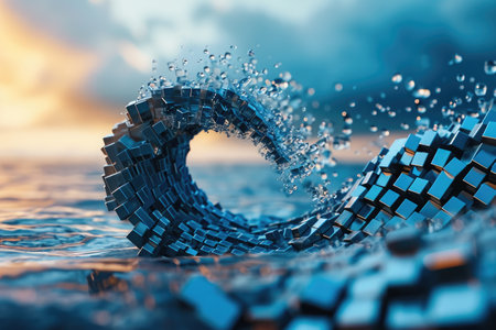 An impressive wave composed of cubes crashes forcefully against the shore in the ocean, A wave made of flowing blocks representing fluid blockchain transactions, AI Generatedの素材