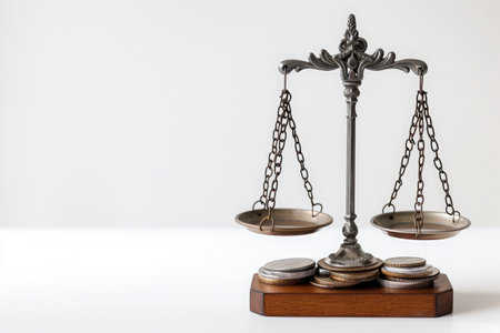 A photograph depicting a scale with various coins placed atop it on a wooden surface, A weighing scale comparing the price and value of a commodity, AI Generatedの素材