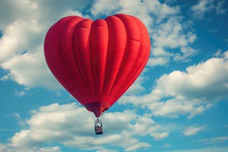 A vibrant red heart-shaped balloon gracefully floats high above the ground, A whimsical hot air balloon shaped like a giant heart, AI Generatedの素材