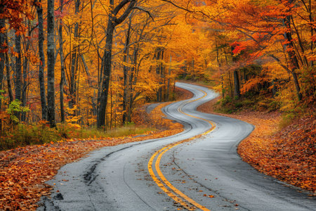 A meandering road winds its way through a dense forest, surrounded by towering trees and a canopy of greenery, A winding country road surrounded by a canopy of beautiful autumn leaves, AI Generatedの素材