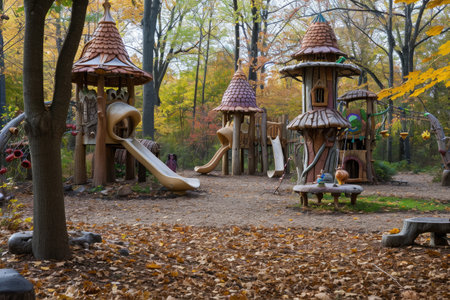 Colorful Play Area With Slide and Surrounded by Trees, Tourists with flashlights near a yellow tent illuminated from the inside against the backdrop of an incredible starry sky, AI Generatedの素材