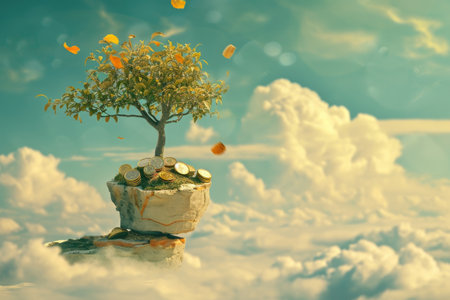 A tree defies gravity by growing out of a rock formation surrounded by clouds, A whimsical representation of a debt-free life, AI Generatedの素材