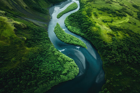 A powerful river meanders through a lush and vibrant green valley, creating a stunning natural landscape, A winding river flowing through a lush green valley from above, AI Generatedの素材