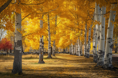 A grove of trees with yellow leaves stands tall and vibrant in the autumn season, A whimsical procession of quaking aspen trees in a park, AI Generatedの素材