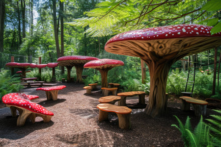 A cluster of mushrooms gathered together in the midst of a dense forest, A whimsical playground filled with toadstool benches and fern canopies, AI Generatedの素材