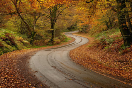 A winding road meanders through a lush forest, creating a mesmerizing path amidst the dense foliage, A winding country road surrounded by a canopy of beautiful autumn leaves, AI Generatedの素材