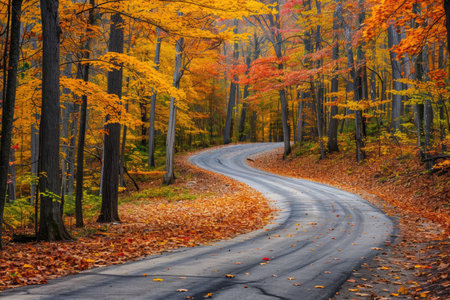 A winding road snakes its way through the middle of a dense forest surrounded by tall trees, A winding country road surrounded by a canopy of beautiful autumn leaves, AI Generatedの素材