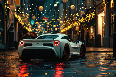 A white sports car is parked on a busy city street, surrounded by tall buildings and traffic, A white sports car cruising on a fairy-light-lit street, AI Generatedの素材