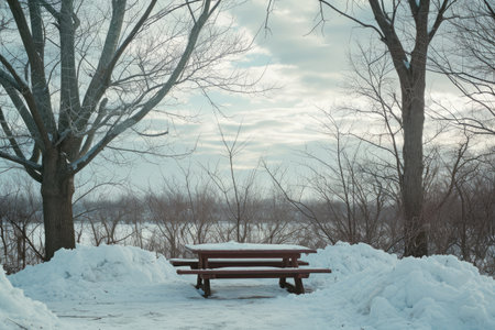 A wooden bench sits amidst a snowy park, providing a quiet place to rest amid the winter landscape, A winter picnic witnessed by bare trees and snow piles, AI Generatedの素材