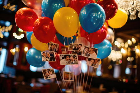 A vivid assortment of multicolored balloons, each adorned with individual pictures, float in the air, Balloons with attached photos at a surprise birthday party, AI Generatedの素材