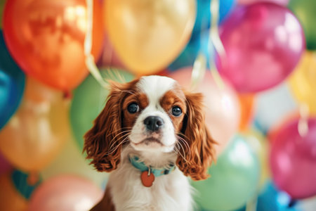 A small brown and white dog sits obediently in front of a colorful bunch of balloons, Balloons tied to a cute puppy at a birthday party, AI Generatedの素材