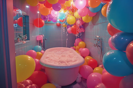 A bathtub adorned with balloons and streamers creates a festive and lively atmosphere, Bathroom filled with balloons for a surprise birthday party, AI Generatedの素材