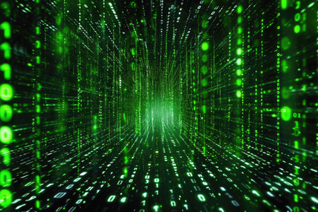 A tunnel with a vivid green and black color palette, featuring numbers emerging from its depths, Binary code falling like rain in the Matrix, AI Generatedの素材
