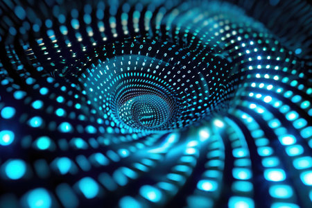 A photograph capturing a spiral formation of blue lights illuminating a dark room, Binary code arranged as hypnotic spiral pattern, AI Generatedの素材