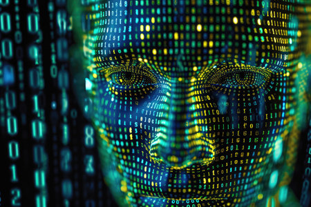 A close-up photograph showing a persons face with an abundance of numbers covering the skin, Binary code forming the outline of a face, AI Generatedの素材