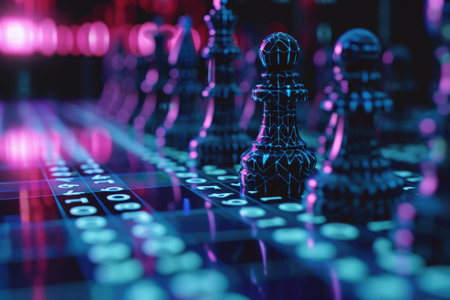 A detailed view of a chess board featuring numerous pieces in various positions, Binary code creating the impression of a chessboard, AI Generatedの素材