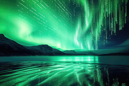 A sky illuminated with countless stars in shades of green and black, Binary code creating an aurora borealis effect, AI Generatedの素材