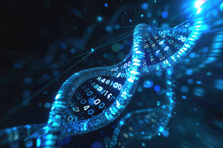 A digital representation of a double-strand composed of numbers, showcasing a complex numerical pattern, Binary code in the shape of DNA, AI Generatedの素材