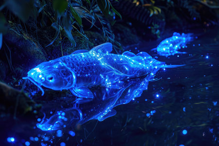 A mesmerizing scene of numerous luminescent fish suspended on the surface of a body of water, Bioluminescent animals in a nocturnal setting, AI Generatedの素材