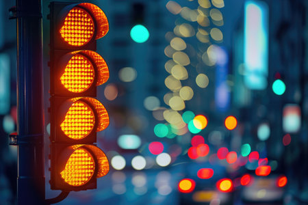 A traffic light sits at the side of a road, displaying the necessary traffic signals for vehicles and pedestrians, Binary code pattern of city traffic lights, AI Generatedの素材