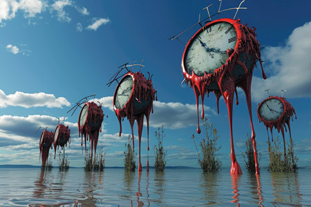 A photo capturing a group of clocks floating in water, creating a surreal and intriguing image, Binary code melting like Salvador Dali's clocks, AI Generatedの素材
