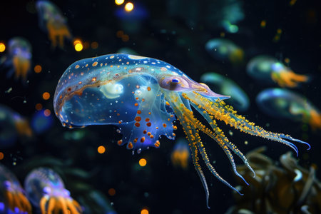 A photo capturing a group of jellyfish gracefully swimming in an aquarium, Bioengineered marine life in the deep sea, AI Generatedの素材