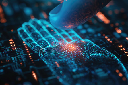 A hands finger presses on a fingerprint located on a computer keyboard, capturing a moment of digital interaction, Biometric authentication technology as futuristic art, AI Generatedの素材