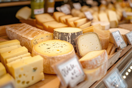 A wide variety of cheeses are expertly arranged and showcased in a store, inviting customers to explore the diverse selection, Bird-eye view of Moose Cheese displayed in a luxury market, AI Generatedの素材