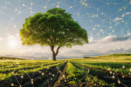 A towering oak tree stands in the middle of a vast grassy field, surrounded by blue sky and fluffy white clouds, Blockchain reducing the carbon footprint, AI Generatedの素材